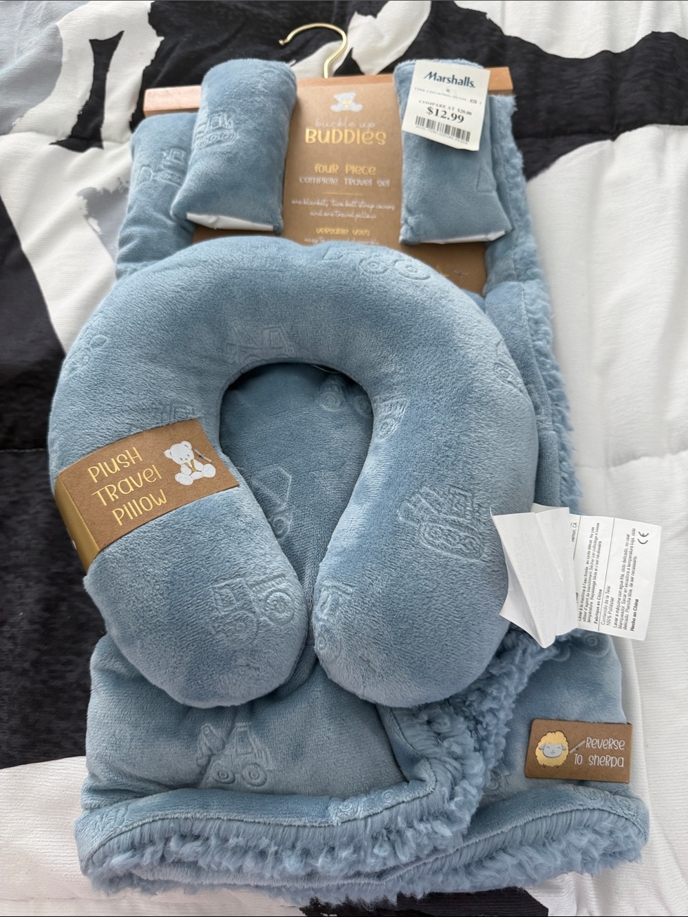 Plush Travel Pillow and Sherpa Blanket Set - Blue
